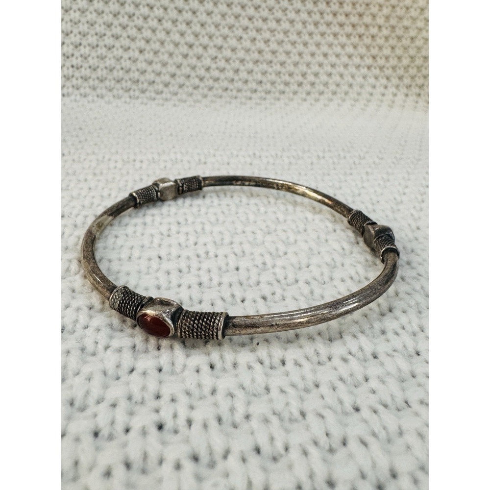 Vintage Silver Tone Red Carnelian Glass Bangle Bracelet Rope Detail 8.25"
